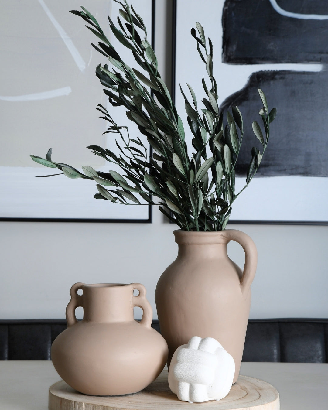 Emi Organic Sculptural Terracotta Vase with Handle (27cm) | Beige Artisan Showpiece