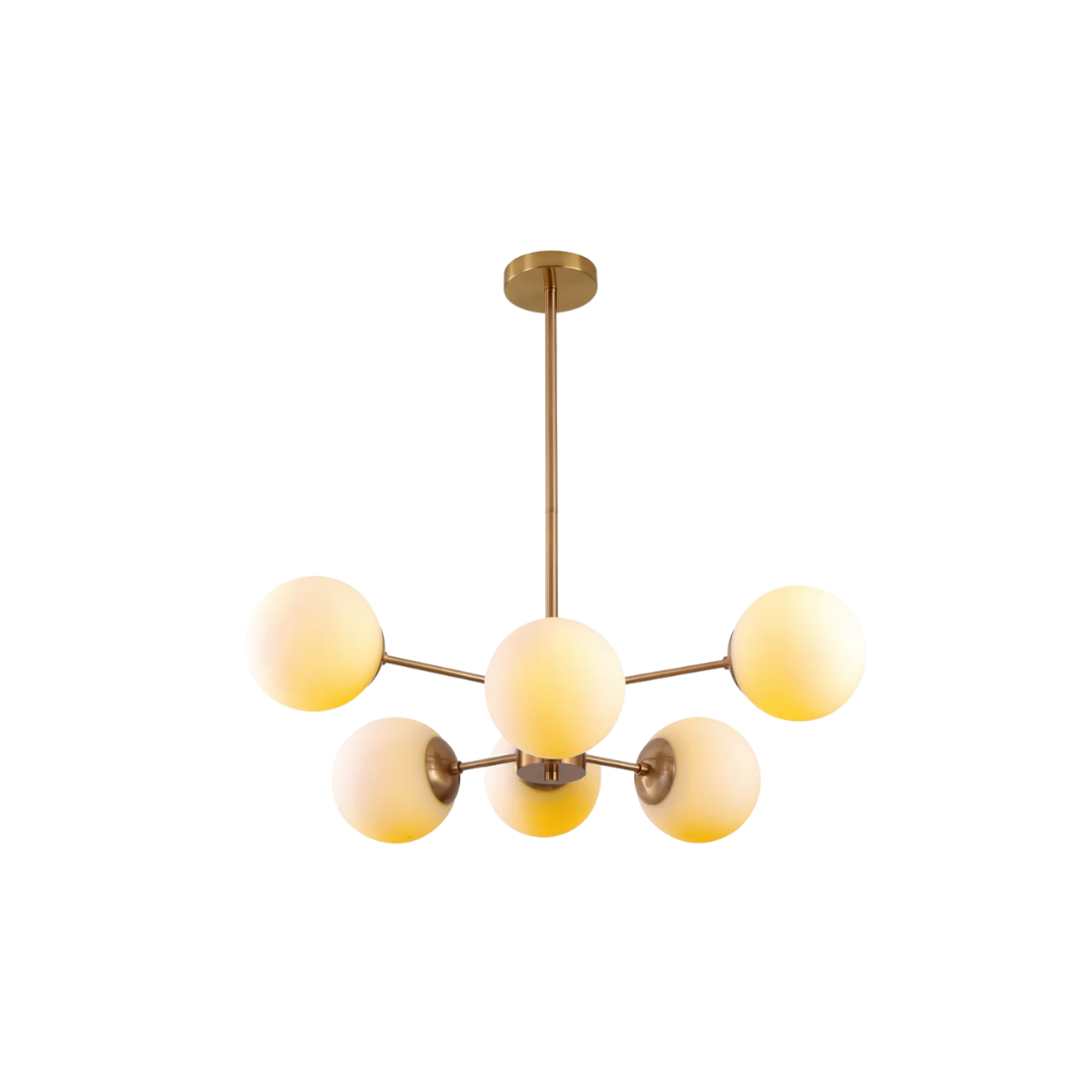 Gina Pendant Lamp – Modern Brass Chandelier with White Glass Shades (6 Light)