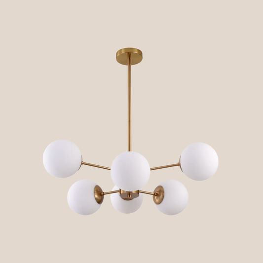 Gina Pendant Lamp – Modern Brass Chandelier with White Glass Shades (6 Light)