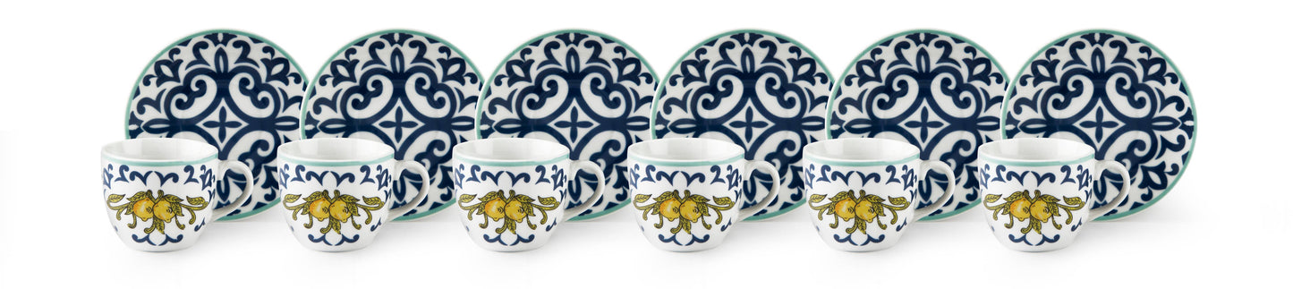 Amalfi Porcelain Espresso Cup and Saucer Set of 6 | 90ml Mediterranean Blue & Yellow Ceramic | Italian Salerno Inspired Coffee Set