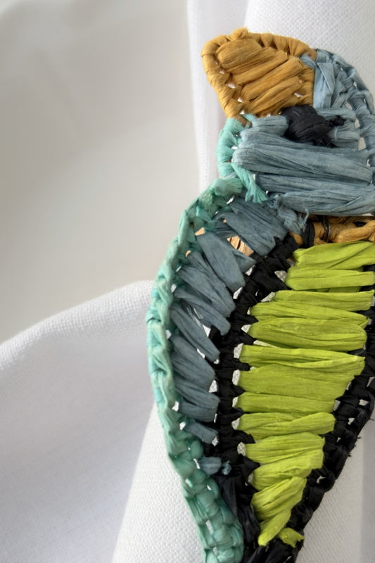 Handcrafted Parakeet Raffia Napkin Rings (Set of 2) | Tropical Artisan Table Decor