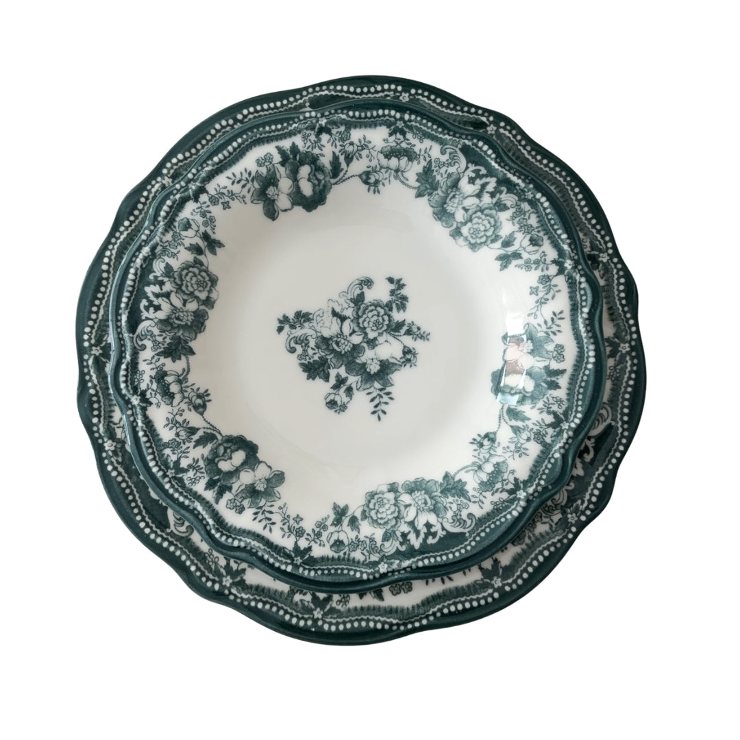Set of 6 Faustine Dinner Plates - Green Floral Porcelain (26cm)
