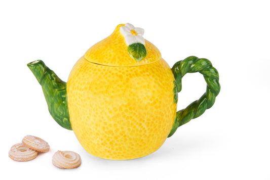 Close-up of the handcrafted look and intricate traditional Italian decorations on the Excelsa Amalfi lemon teapot handle and spout.