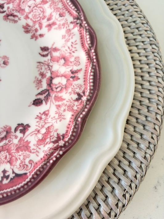 Set of 6 Faustine Dessert Plates | Antique Red & Pink Floral Porcelain (20.5cm)