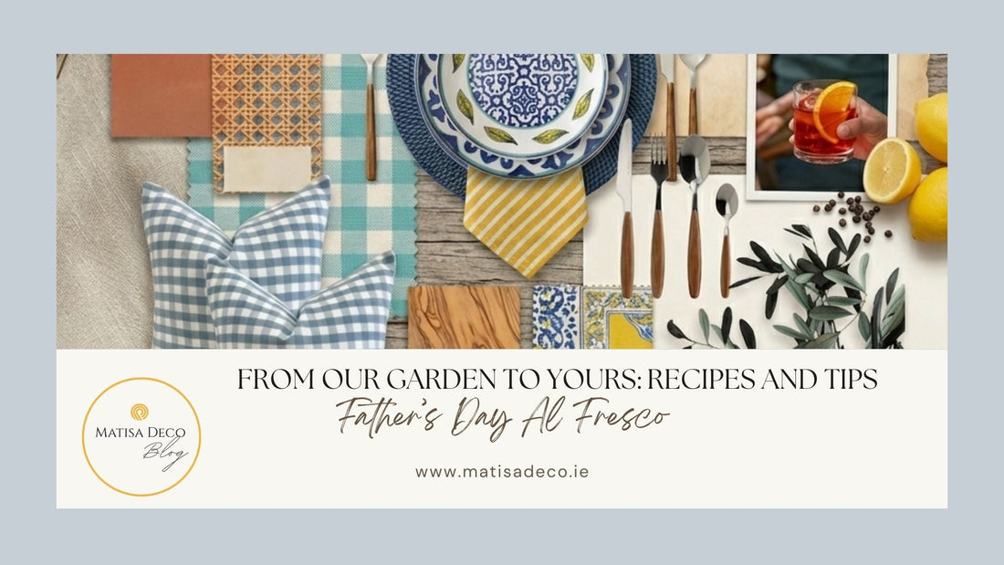 Matisa Deco's Amalfi Al Fresco outdoor tablescape moodboard for Father’s Day, featuring blue and white patterned porcelain dinnerware, blue rattan charger plates, yellow napkins, and aquamarine gingham cushions on a rustic wood background.