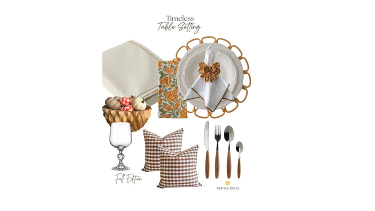 Timeless fall table setting moodboard with beige table linen, rattan placemat, white dinnerware, bow napkin ring and brown gingham cushions
