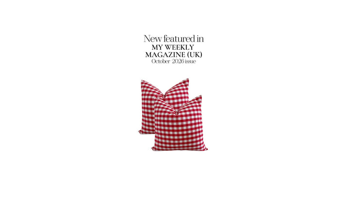 Matisa Deco Red Gingham Cushion Covers featured in My Weekly Magazine UK, October 2026, with classic red and white checks on a white background.