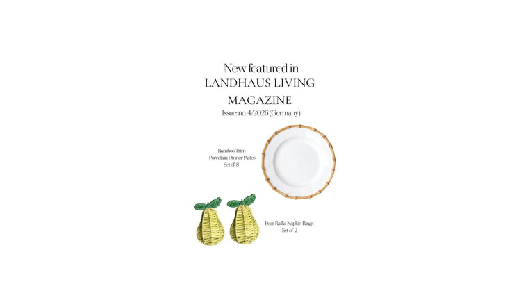 Matisa Deco Bamboo Trim porcelain dinner plates set of 8 curated as a country-chic tableware essential for warm home styling. Pear Raffia napkin rings set of 2 styled on an organic modern table setting with handcrafted European design. 