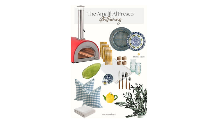 Moodboard timeless al fresco pizza gathering in a summer garden featuring Amalfi porcelain plates, blue rattan chargers, and yellow napkins on a white jute-trimmed runner next to a rustic red woodfired oven.