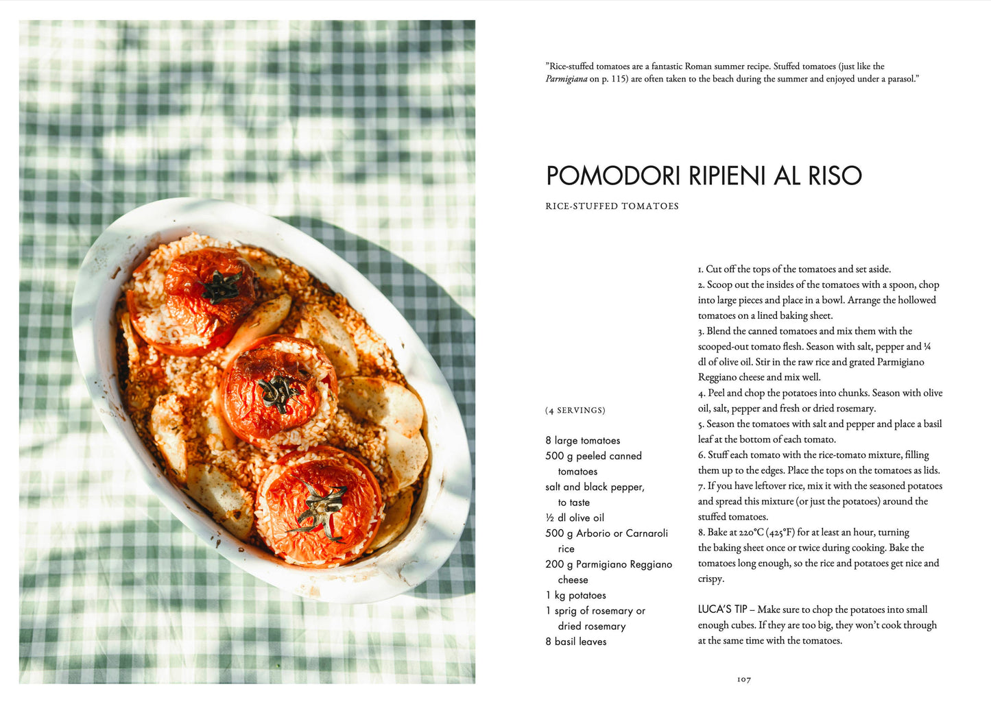Recipe for 'Pomodorori Ripieni al Riso' with a dish of stuffed tomatoes on a checkered tablecloth.