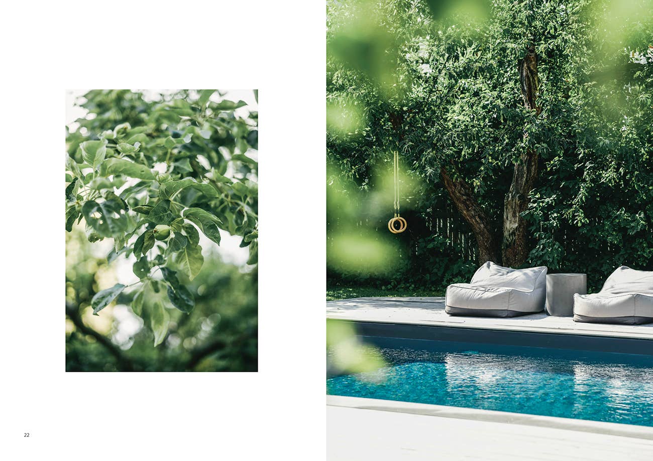 Pool area with lounge chairs and a tree in the background