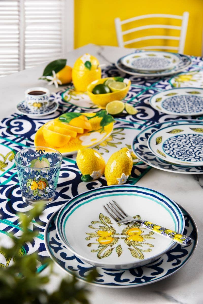 Amalfi Porcelain Espresso Cup and Saucer Set of 6 | 90ml Mediterranean Blue & Yellow Ceramic | Italian Salerno Inspired Coffee Set