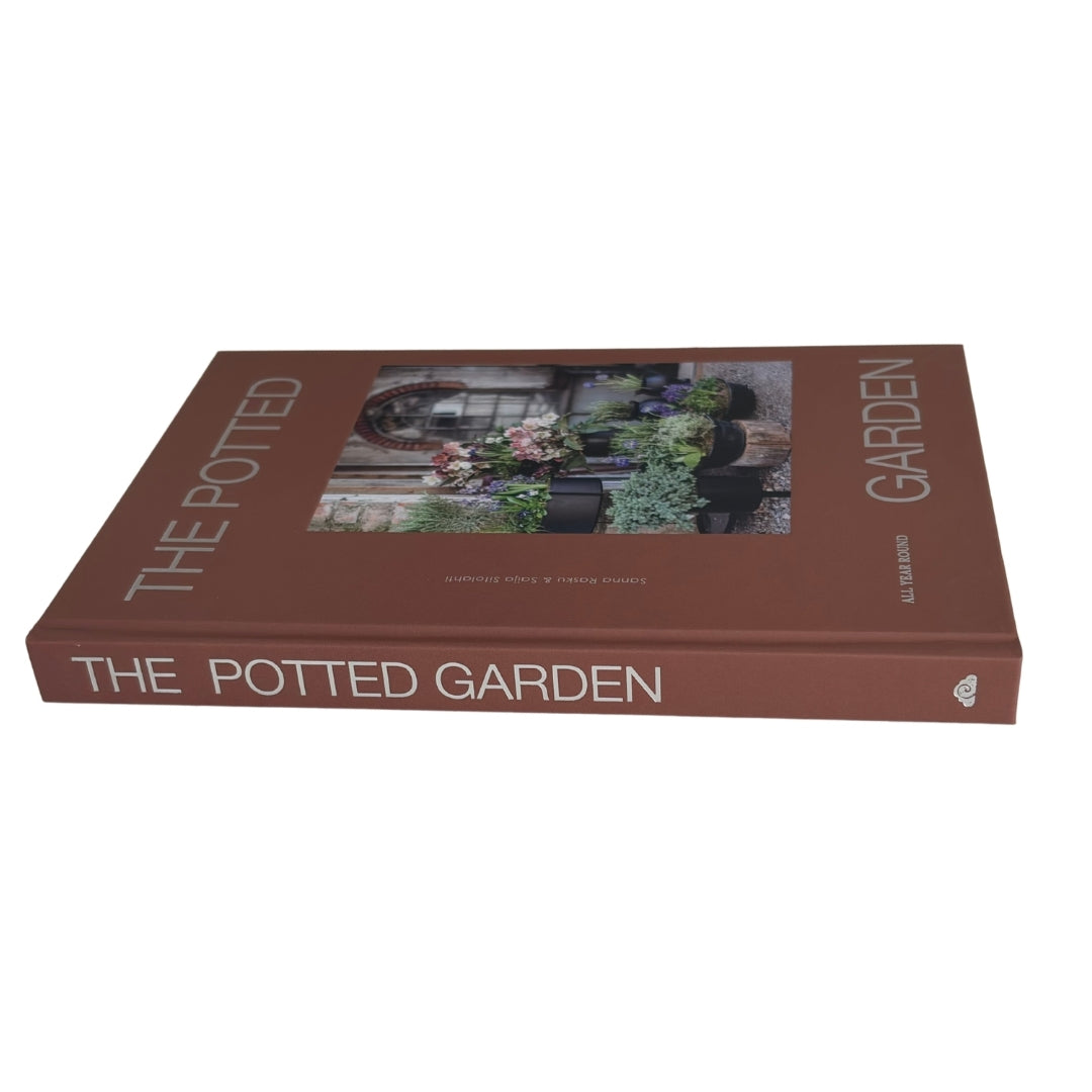 The Potted Garden book by Alison Ross, featuring a terracotta brown cover with a central photograph of potted plants and white text, shown on a plain white background.