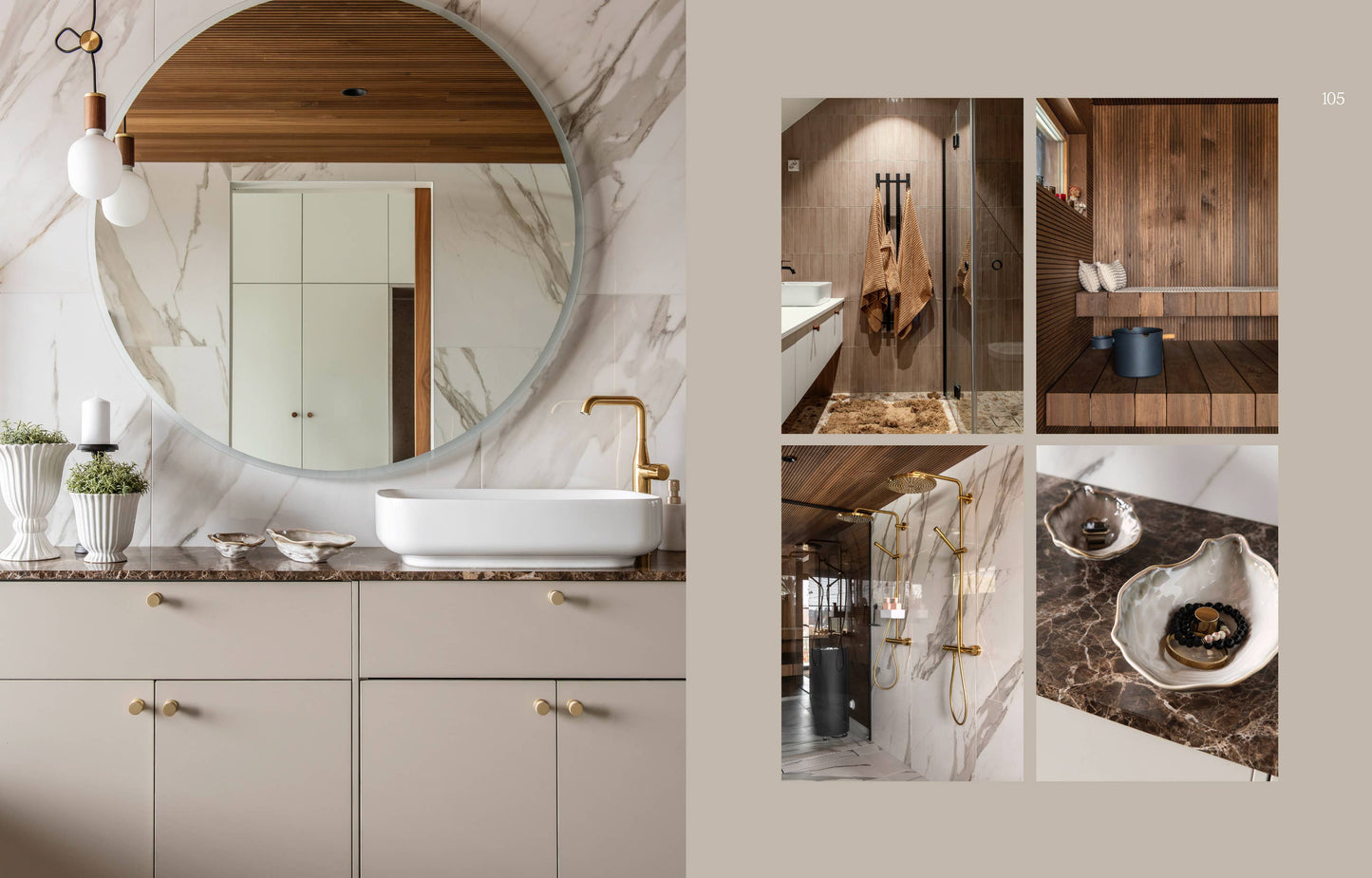 Bathroom interior with round mirror, sink, and decorative elements.