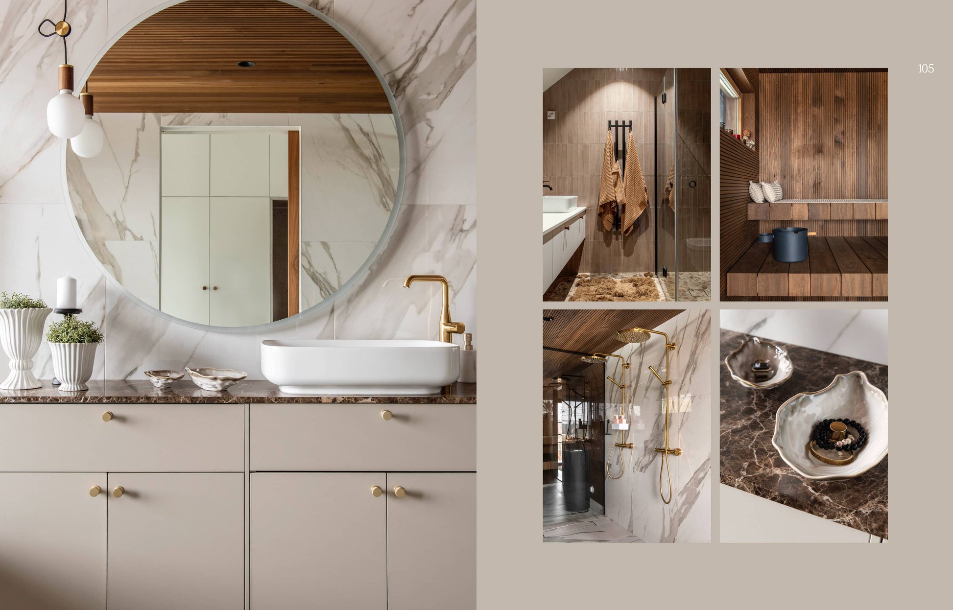 Bathroom interior with round mirror, sink, and decorative elements.