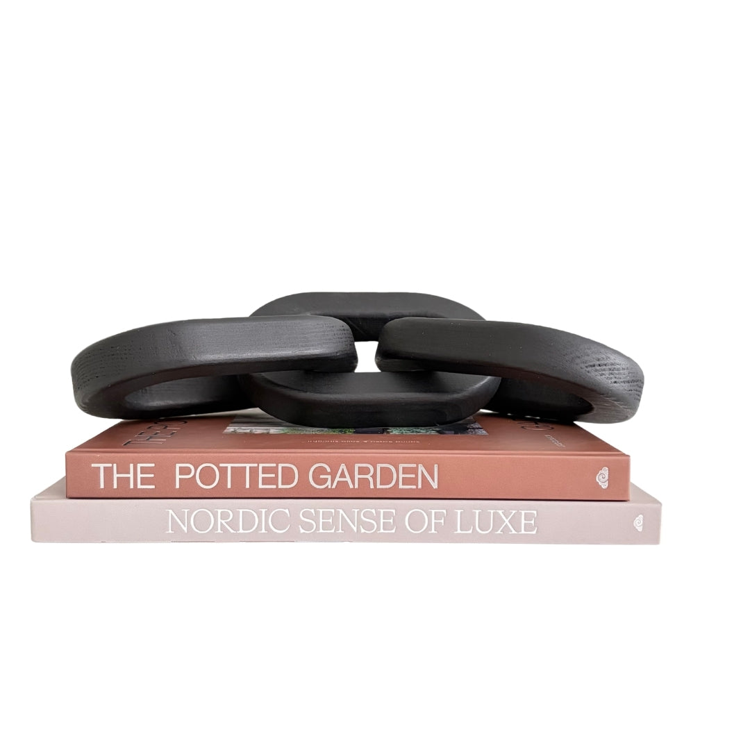 A sculptural black interlocking ring chain decoration displayed on top of two stacked books against a plain white background.