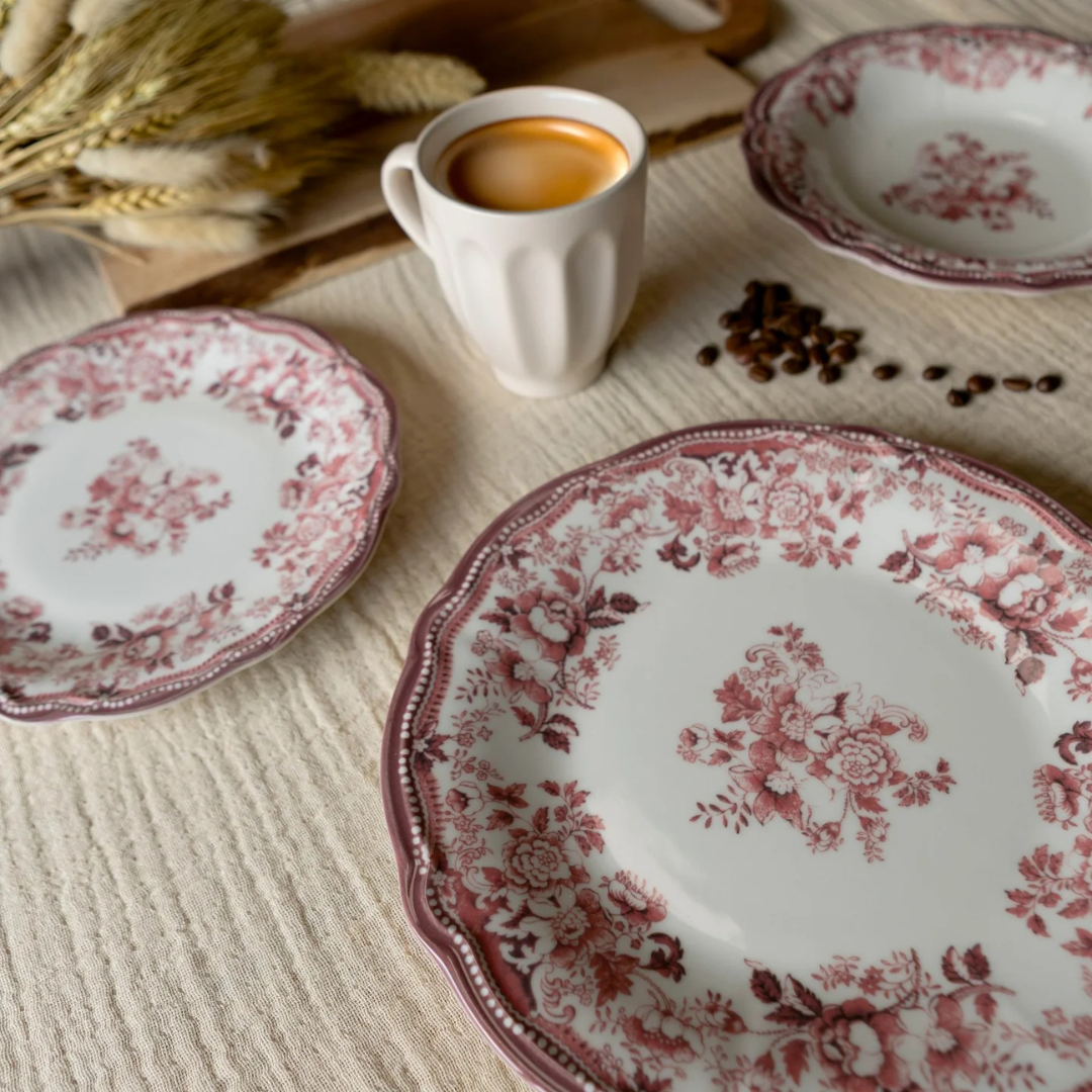 Faustine Dinner Plates – Pink Porcelain Vintage Floral Plates – Set of 6 (26cm)
