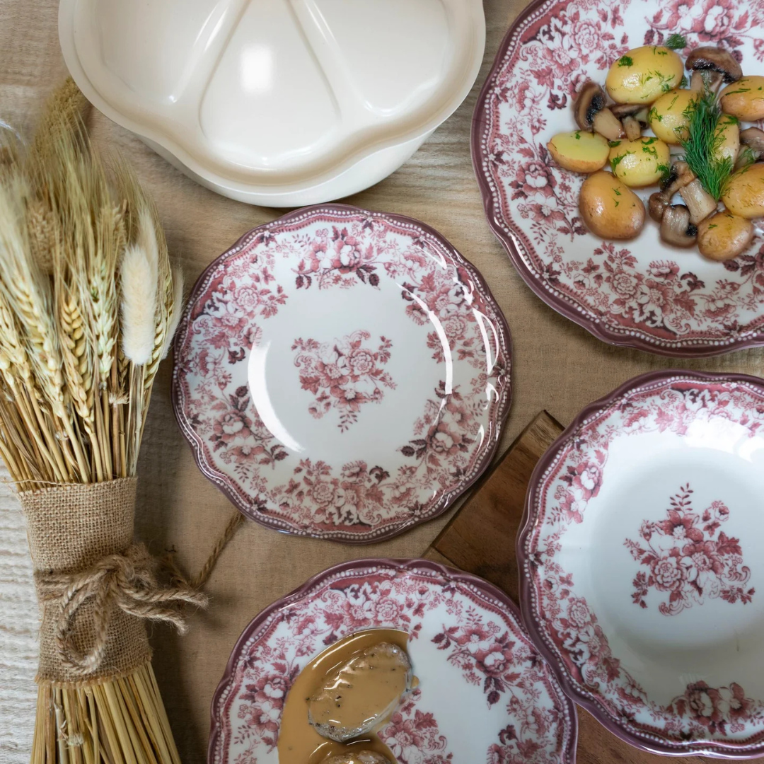 Faustine Dinner Plates – Pink Porcelain Vintage Floral Plates – Set of 6 (26cm)