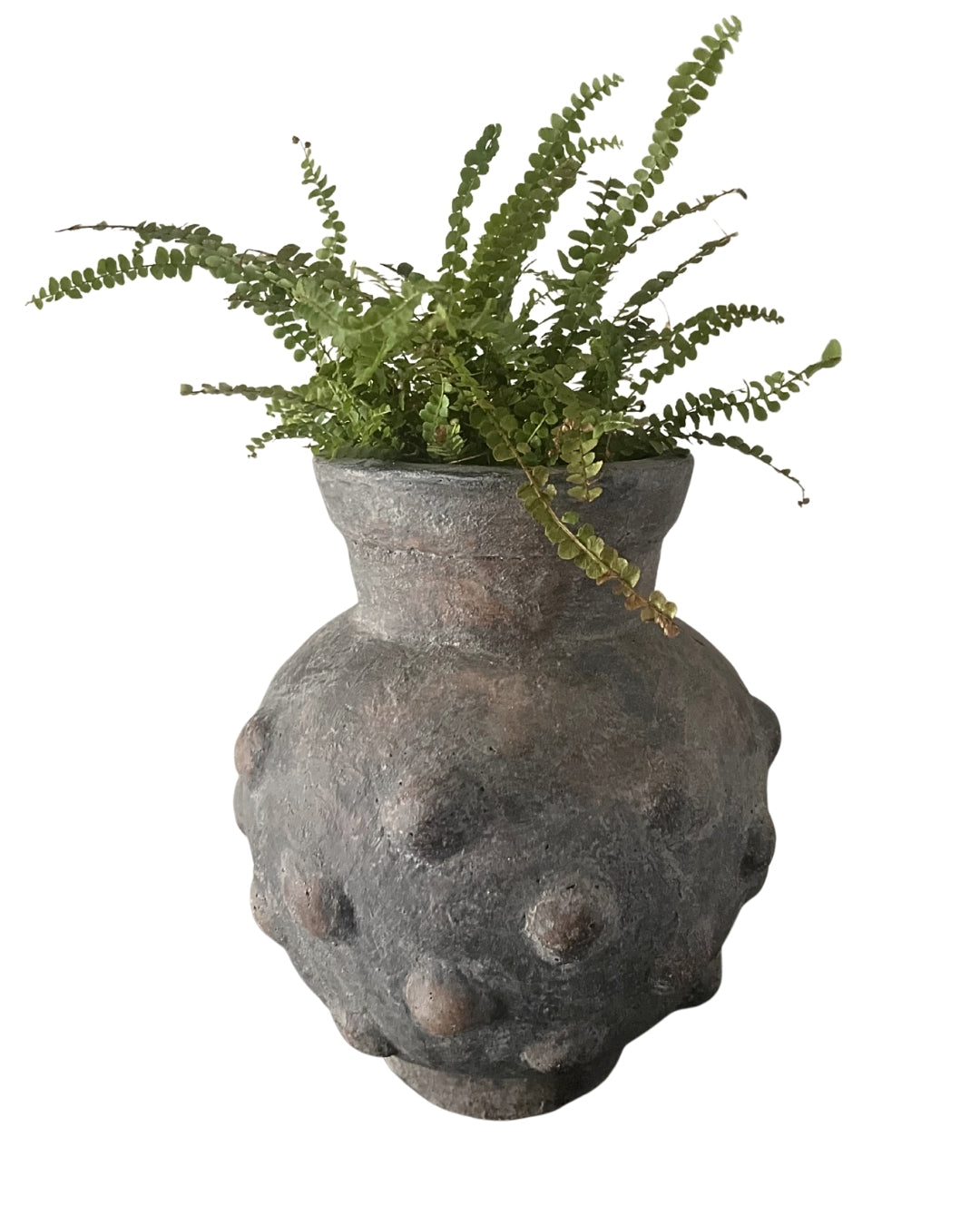 Heavyweight terracotta vase on a garden terrace, wind-resistant outdoor table decor with holding a fern plant on a white background. 
