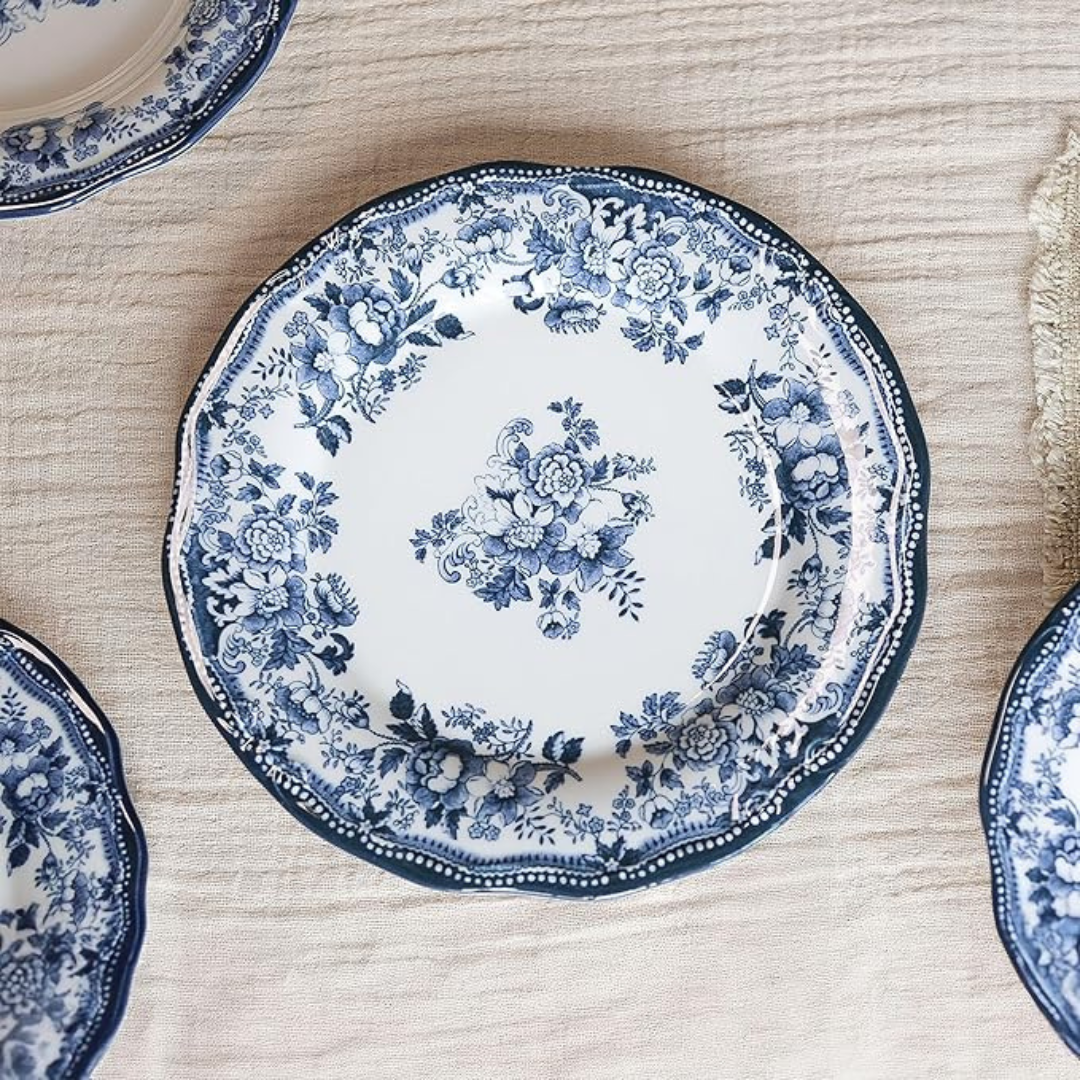 Faustine Dessert Plates – Blue Porcelain Vintage Floral Plates – Set of 6 (20.5cm)