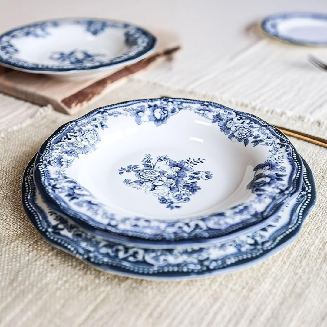 Faustine Dessert Plates – Blue Porcelain Vintage Floral Plates – Set of 6 (20.5cm)