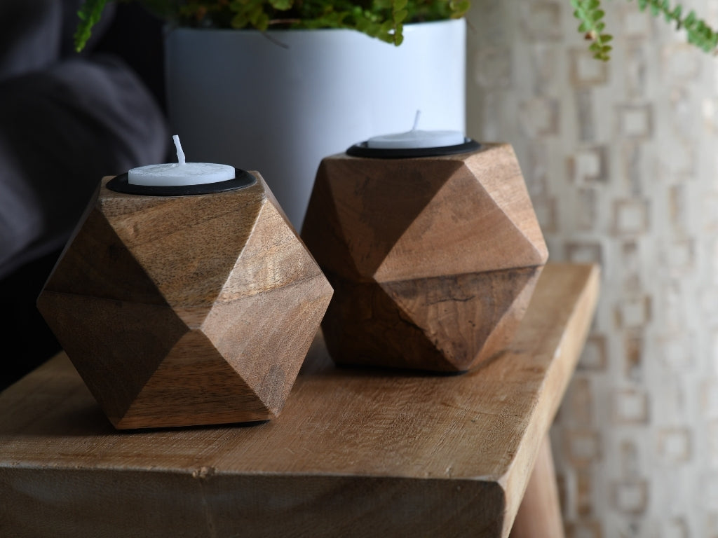 Vita Geometric Wooden Tealight Holder | Sustainable Mango Wood Cube