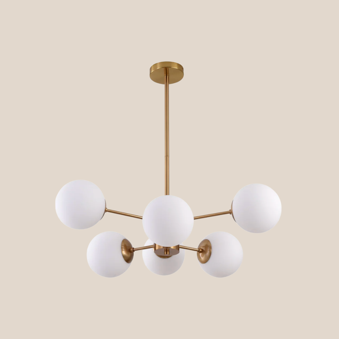 Gina Pendant Lamp – Modern Brass Chandelier with White Glass Shades (6 Light)