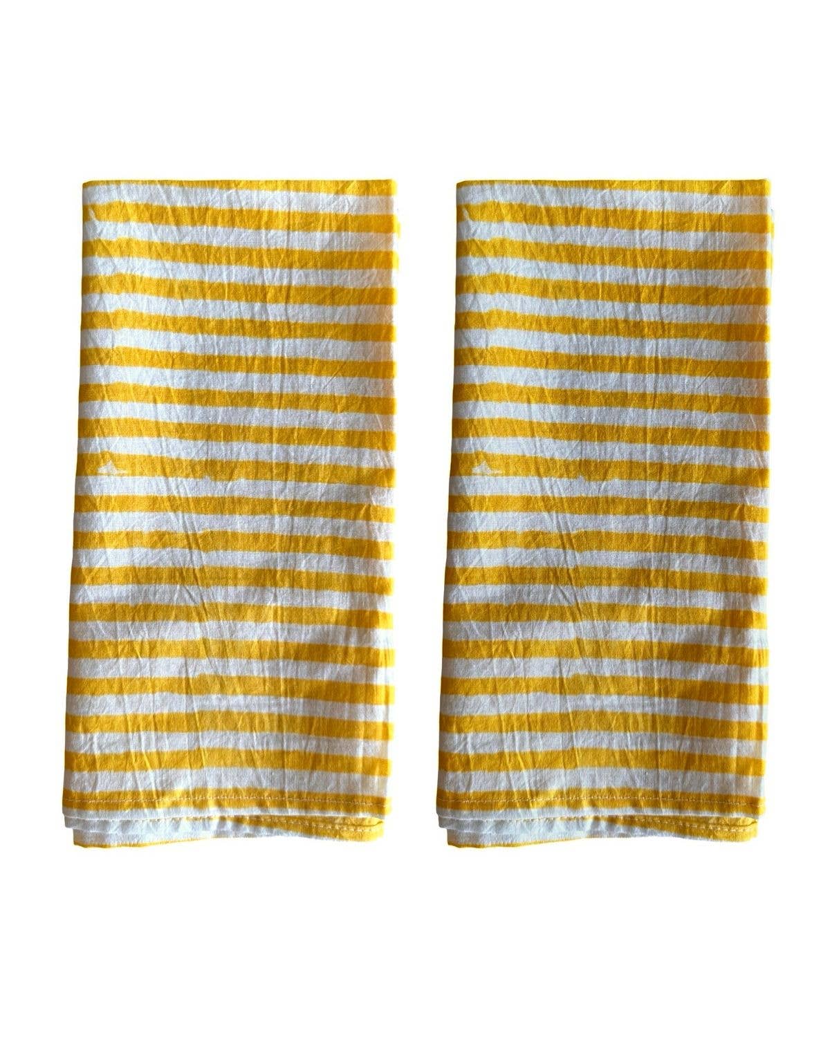 Set of 2 yellow and white striped cotton napkins handcrafted with block printing technique on a white background, Matisa Deco Ireland 