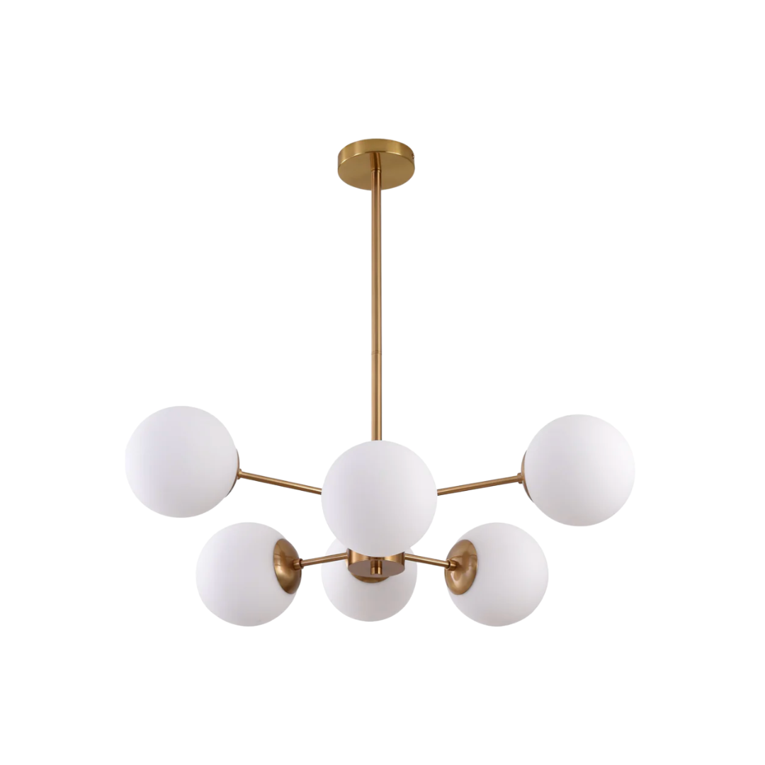 Gina Pendant Lamp – Modern Brass Chandelier with White Glass Shades (6 Light)