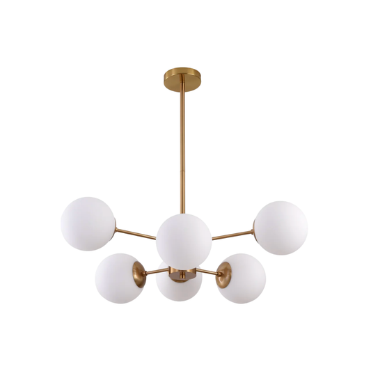 Gina Pendant Lamp – Modern Brass Chandelier with White Glass Shades (6 Light)