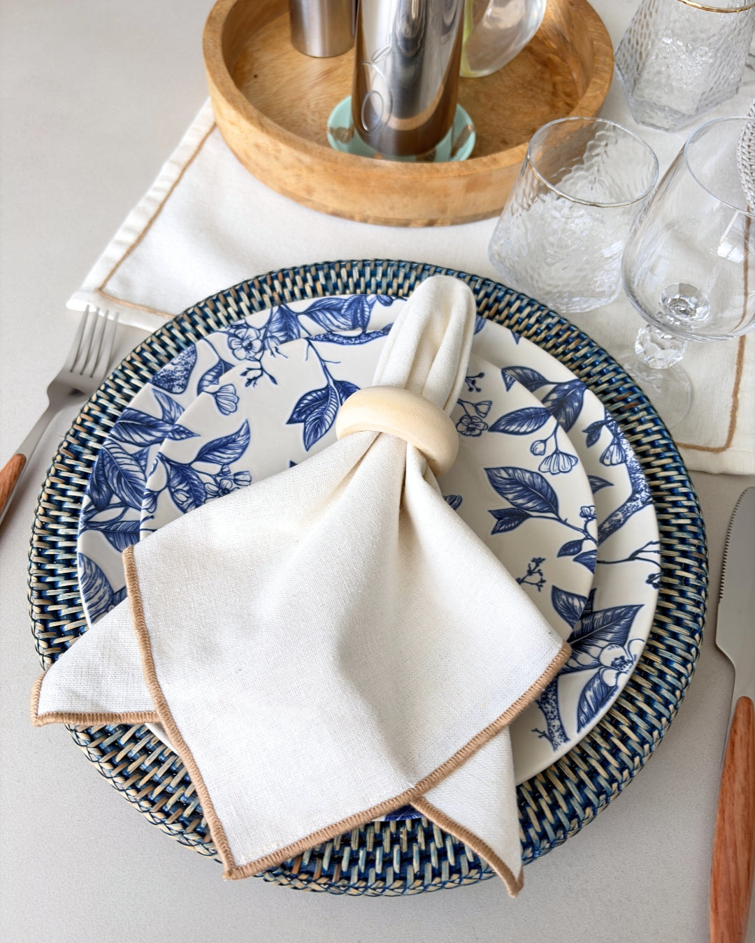 Blue Rattan Charger Plate | Coastal Underplate & Woven Placemat