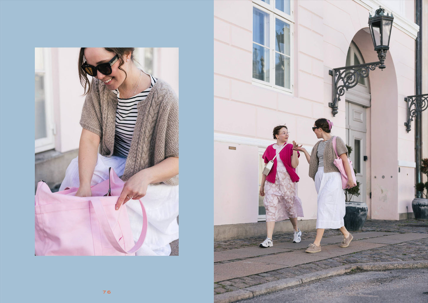 Two women in stylish outfits with a pink bag on a city street.