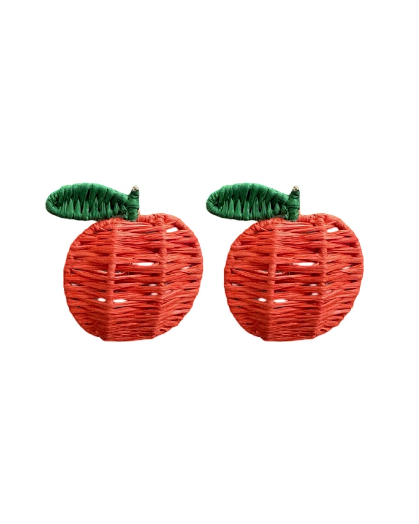 Set of 2 handcrafted apple-shaped raffia napkin rings in natural beige, on a white background Matisa Deco Ireland.