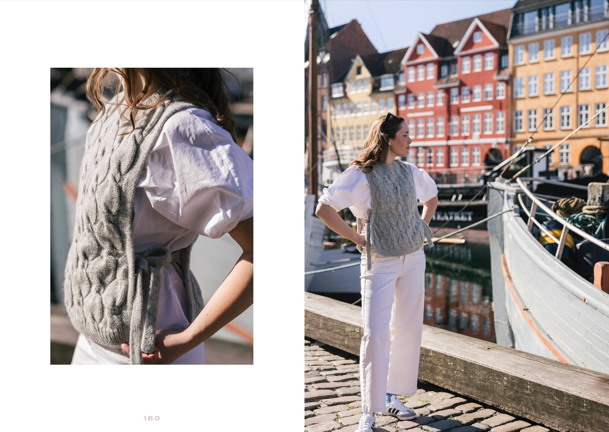 Woman wearing a knitted vest in two different settings: indoors and by a waterfront with colorful buildings.