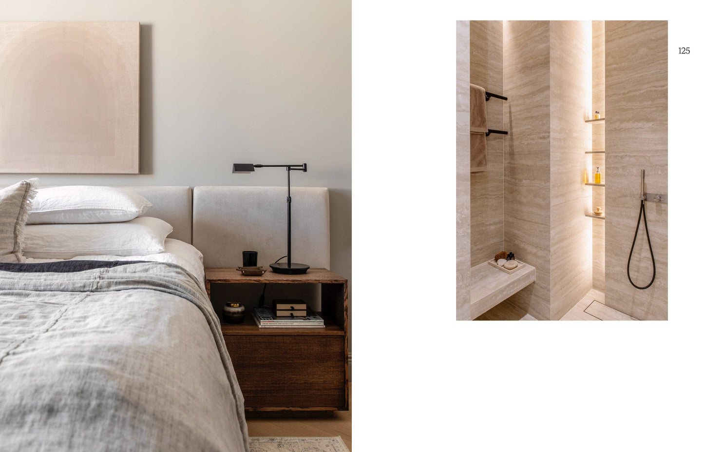 Modern bedroom with bed and nightstand, inset showing bathroom with shower.