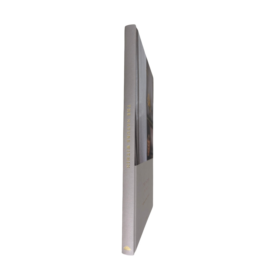 A hardcover art book shown standing upright at a slight angle, displaying its gray spine with gold lettering and a dark cover illustration, set against a plain white background.
