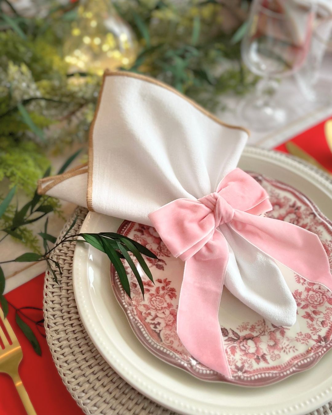 Velvet Pink Bow Napkin Rings - Set of 6