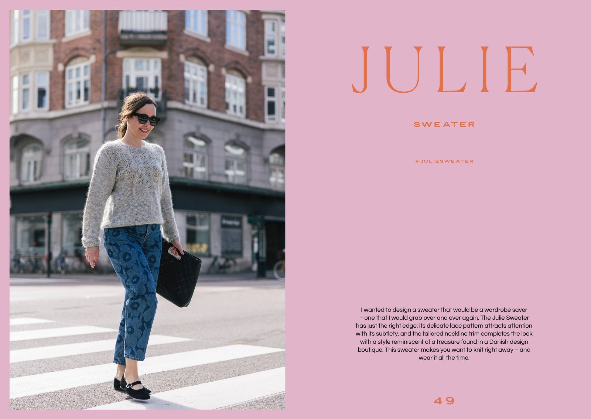 Woman walking on a city street with a pink border and text overlay.