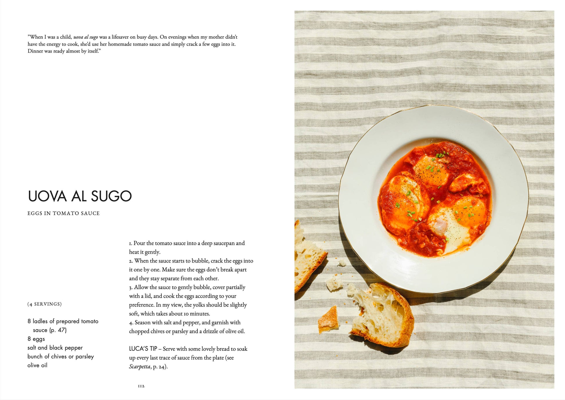 Recipe for Uova al Sugo with a bowl of soup on a striped tablecloth