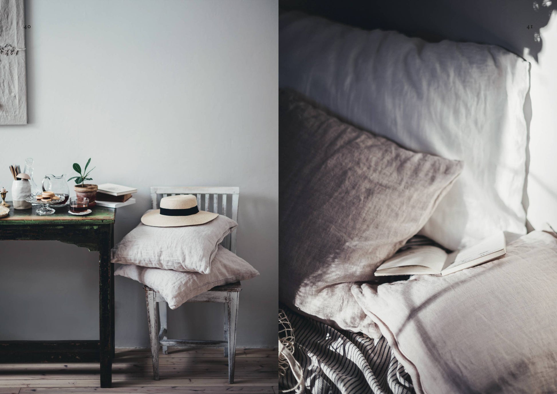 Two images: one of a dining table with a hat and plant, the other of a bed with pillows and blankets.