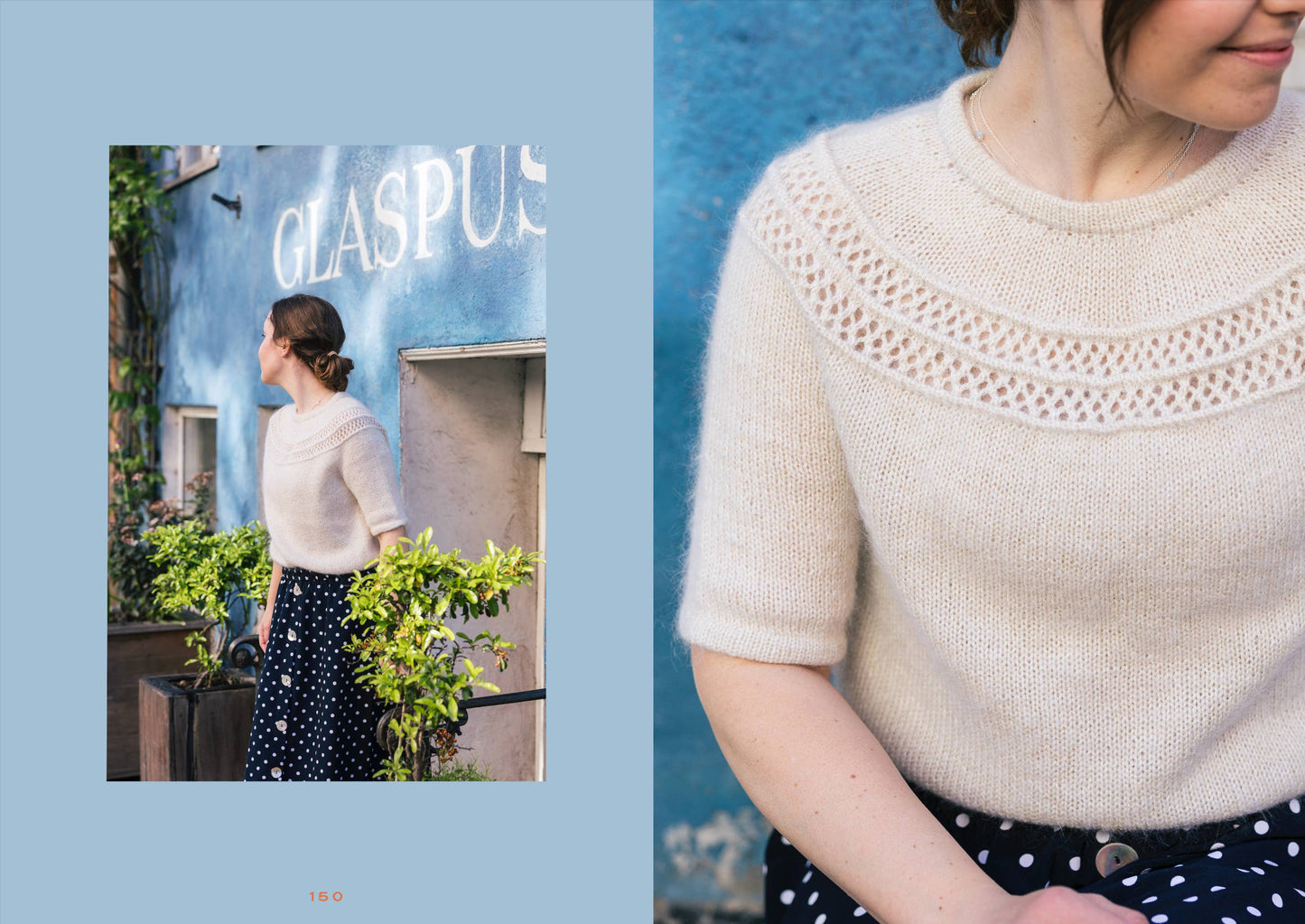 Woman wearing a cream sweater with lace detailing, standing in front of a blue wall with 'GLASPUS' branding.