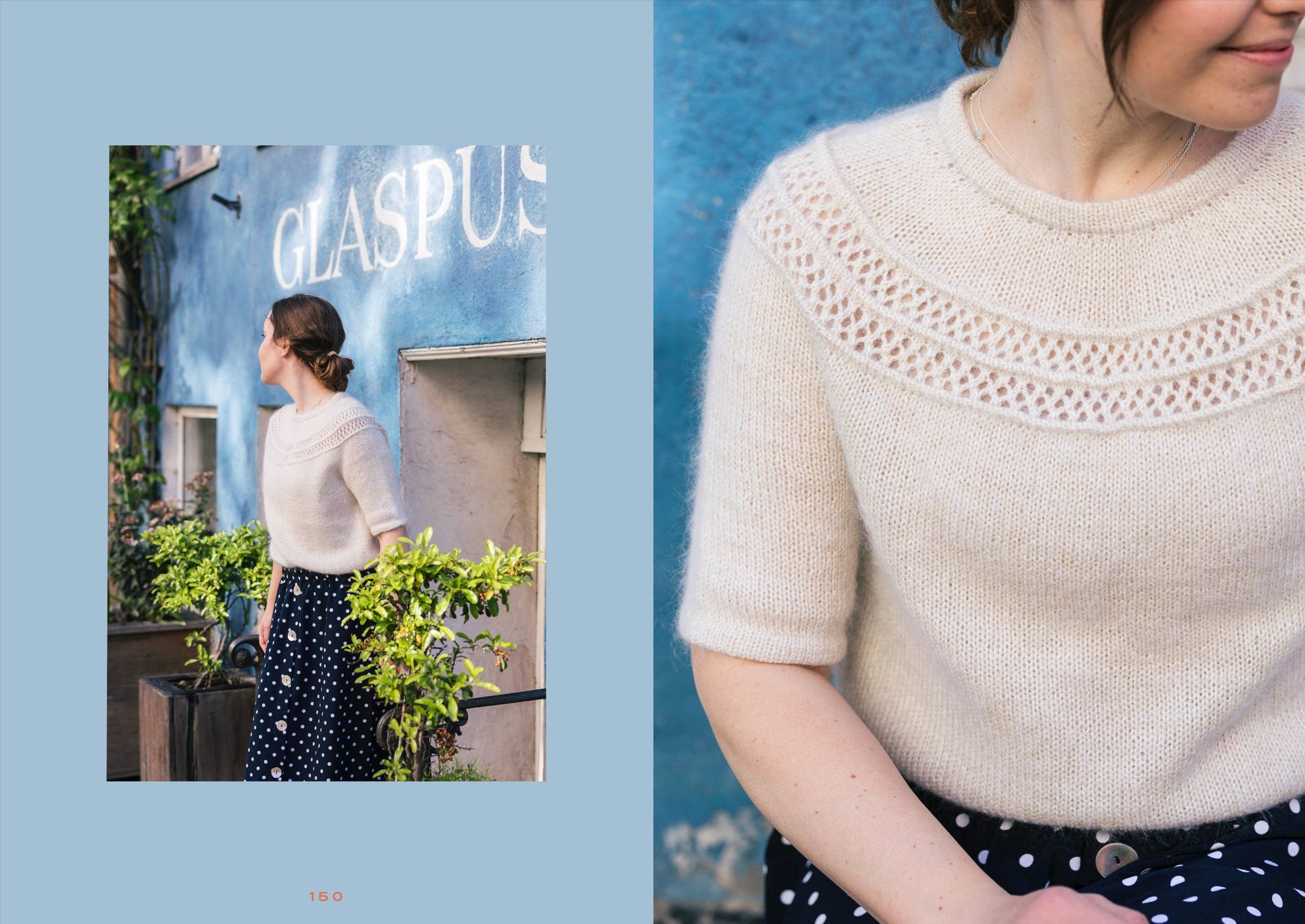 Woman wearing a cream sweater with lace detailing, standing in front of a blue wall with 'GLASPUS' branding.