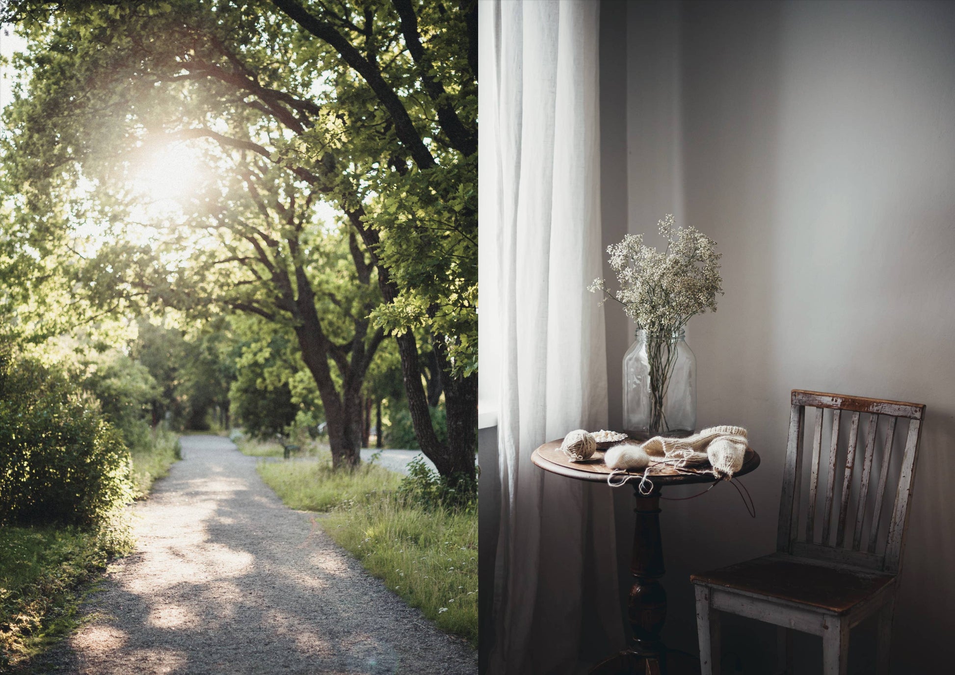 Two contrasting scenes: a sunlit path through trees and a dimly lit room with a table and chair.