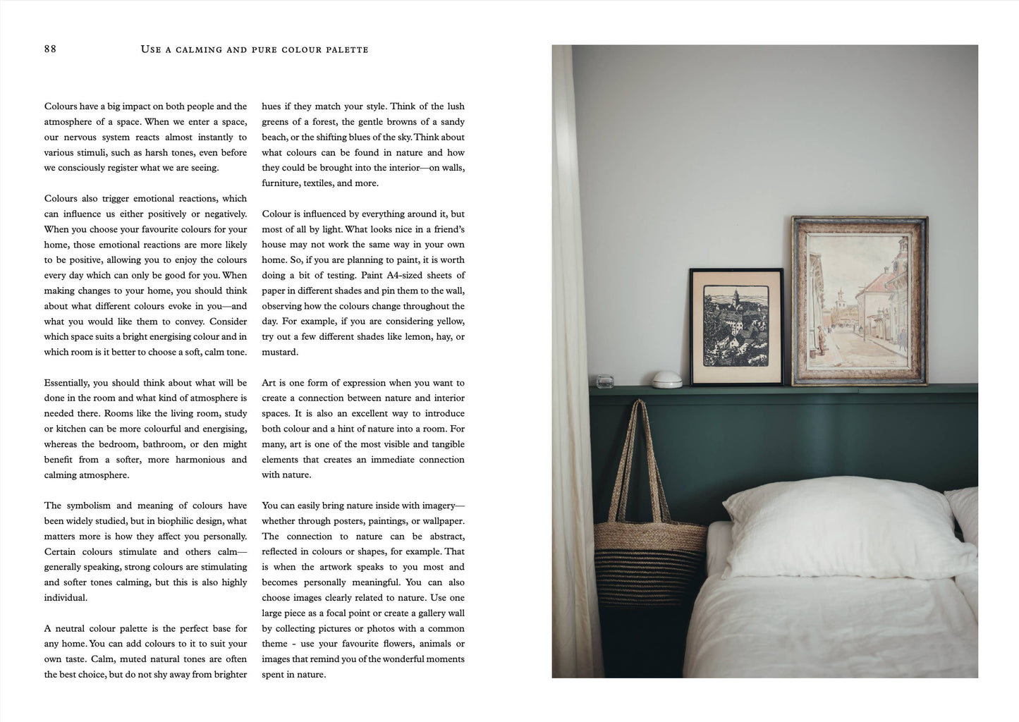 Page from a book with text on the left and a bedroom scene on the right.