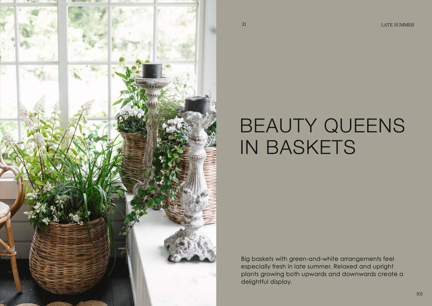Decorative plants in baskets with candlesticks on a table, titled 'Beauty Queens in Baskets'.