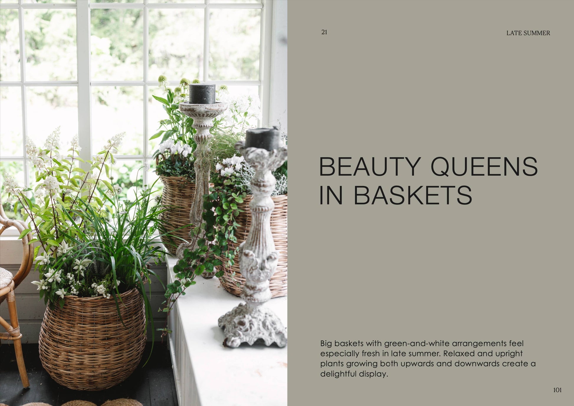 Decorative plants in baskets with candlesticks on a table, titled 'Beauty Queens in Baskets'.
