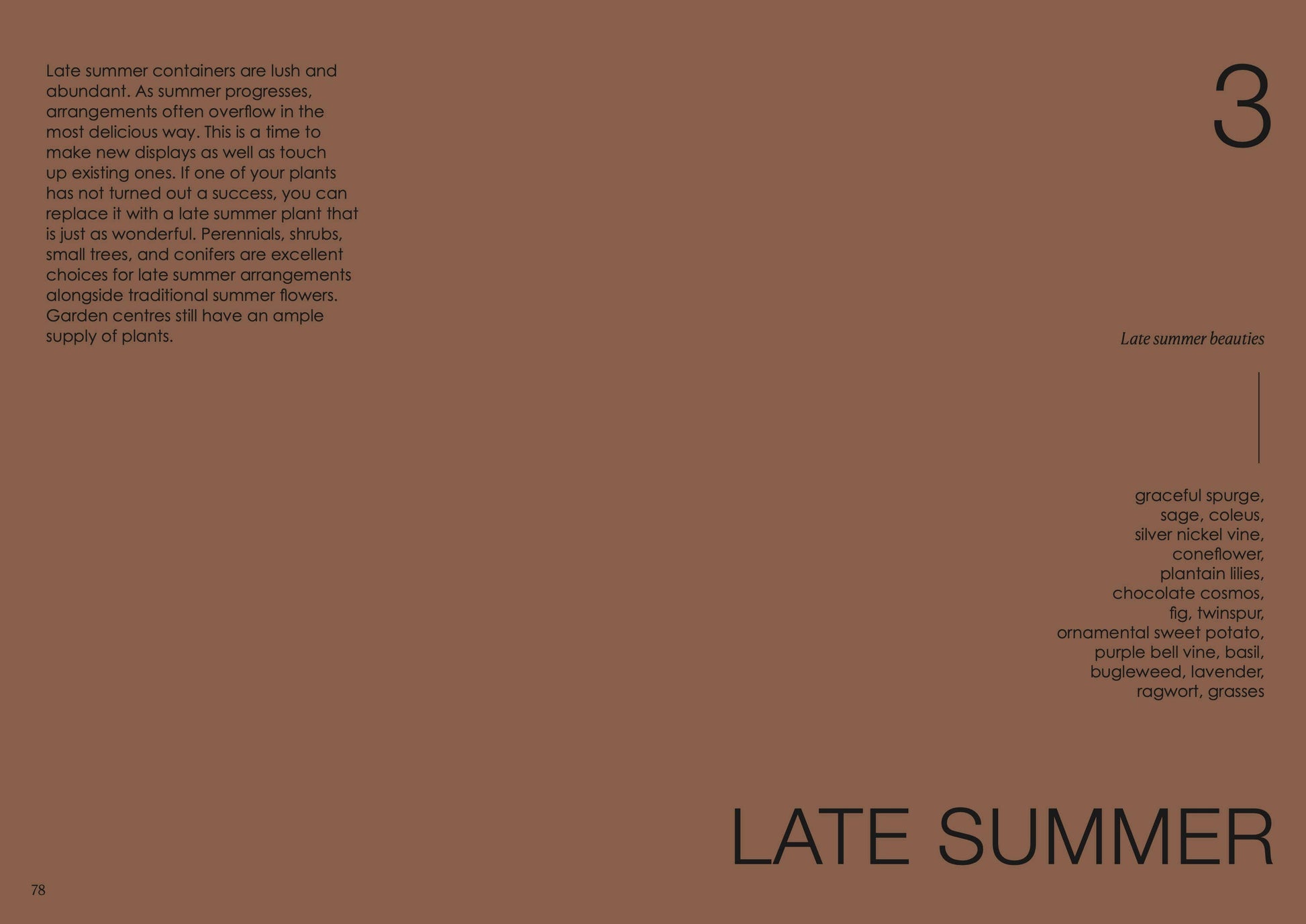 Brown background with text about late summer gardening