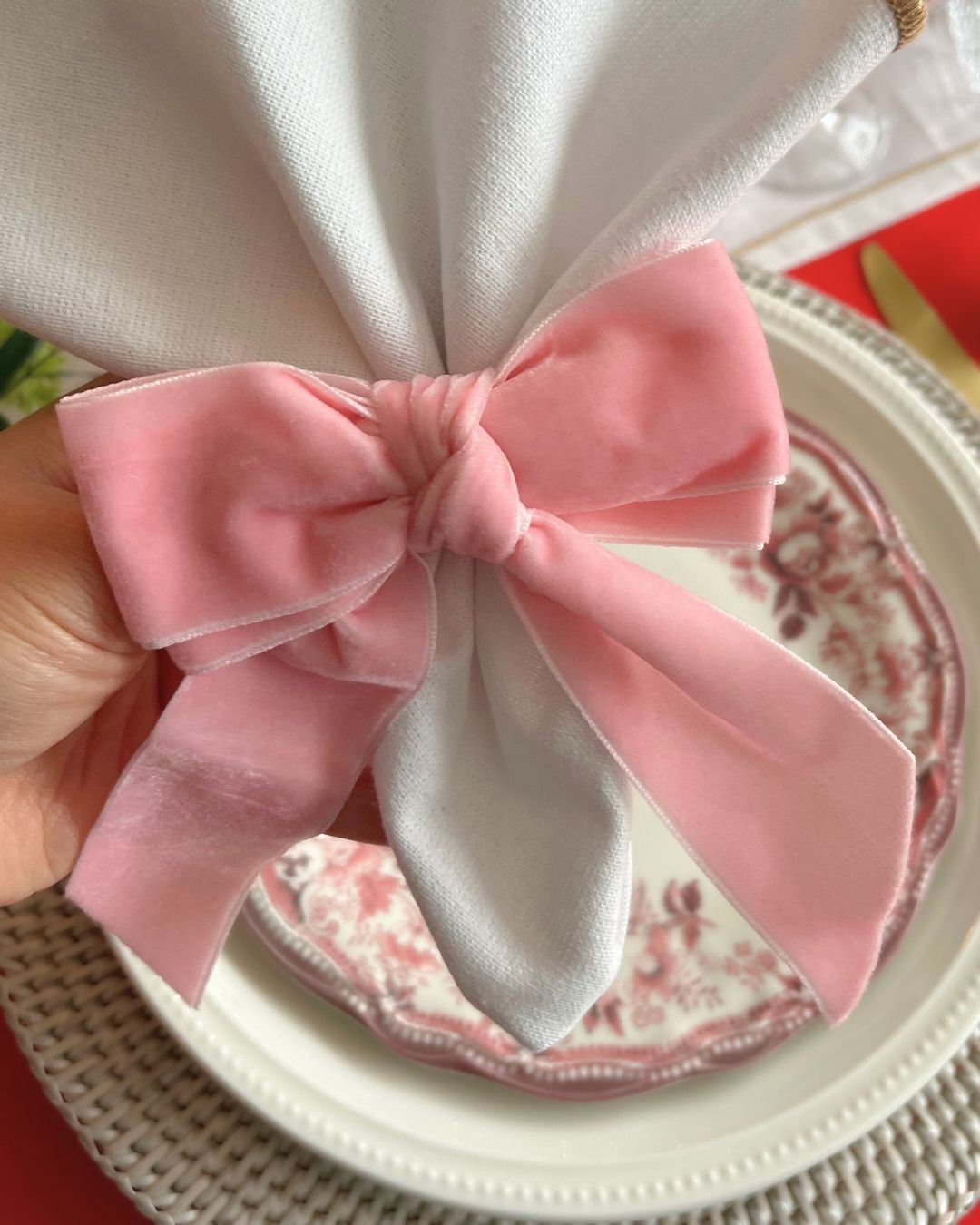 Velvet Pink Bow Napkin Rings - Set of 6