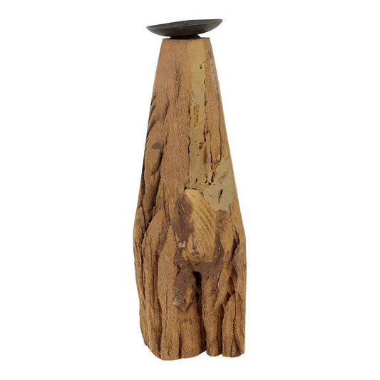 Wooden vase with a natural, textured surface on a white background