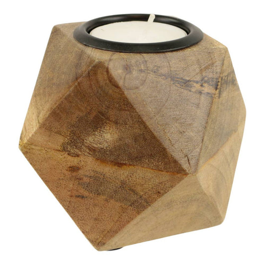 Geometric wooden candle holder with a candle on a white background